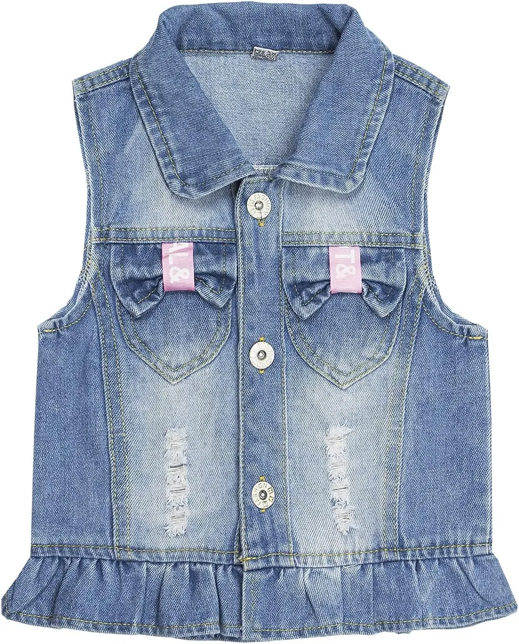 KIDSCOOL SPACE Girl Denim Vest, Round Collared Lace Sleeveless Jeans Tops