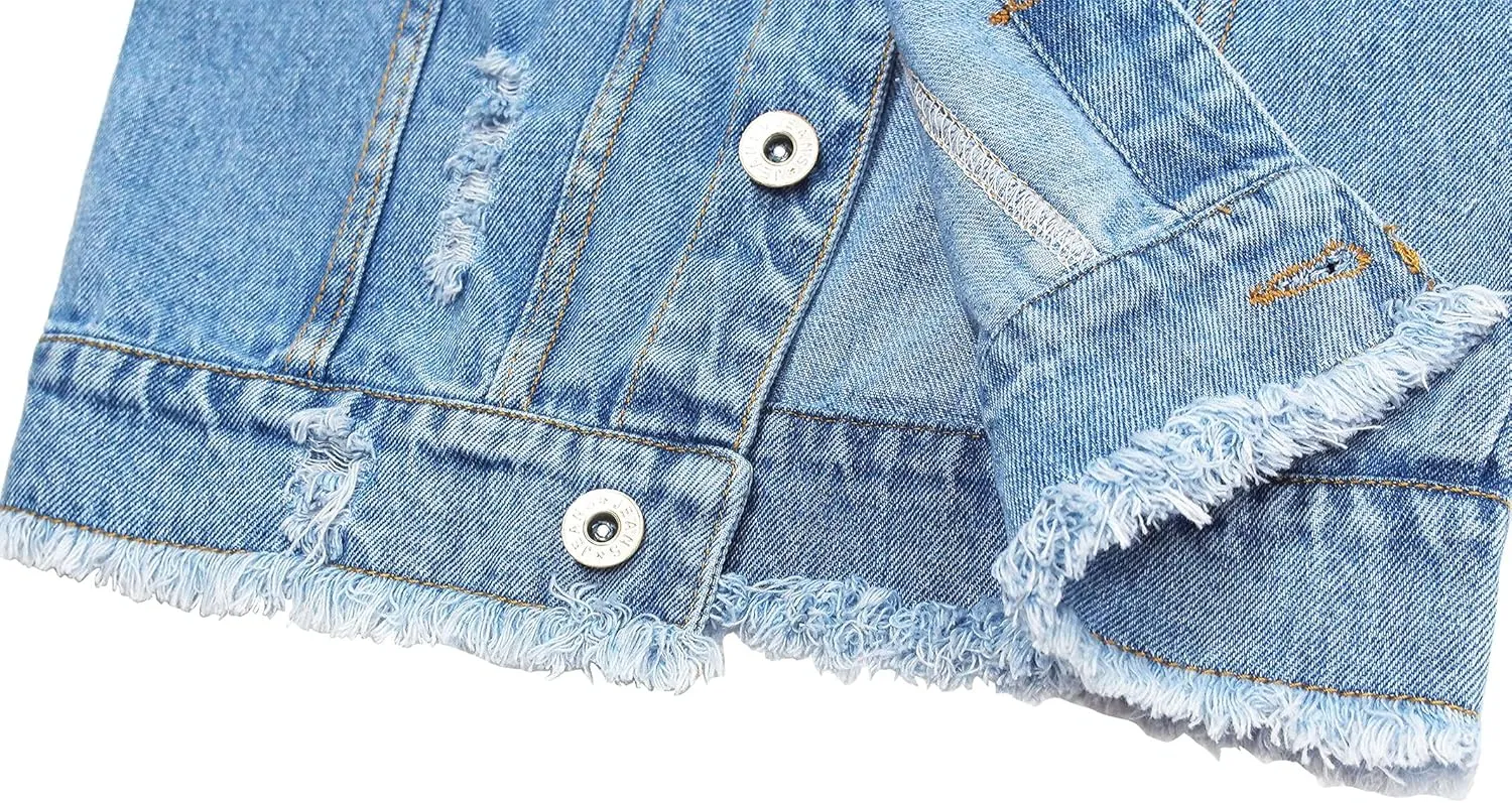 KIDSCOOL SPACE Girl Denim Vest, Round Collared Lace Sleeveless Jeans Tops