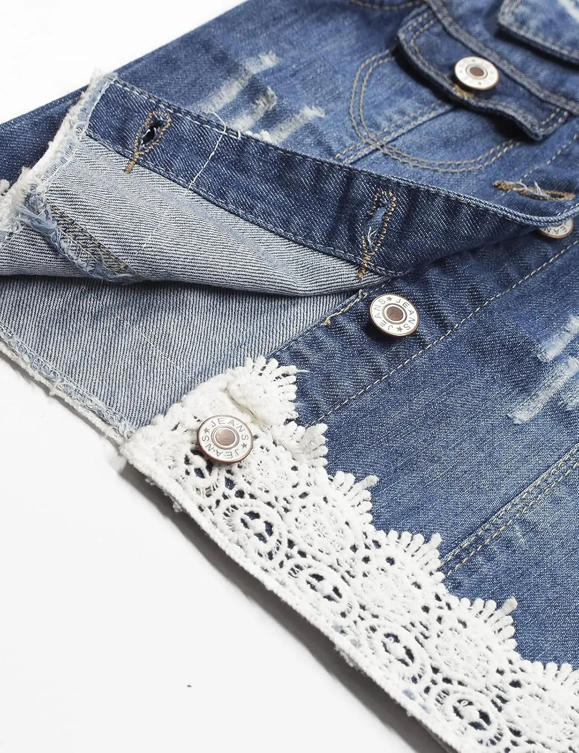 KIDSCOOL SPACE Girl Denim Vest, Round Collared Lace Sleeveless Jeans Tops