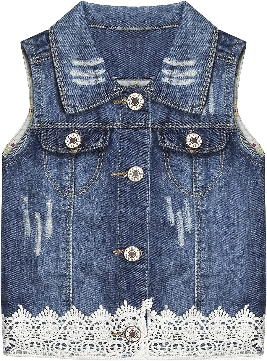 KIDSCOOL SPACE Girl Denim Vest, Round Collared Lace Sleeveless Jeans Tops