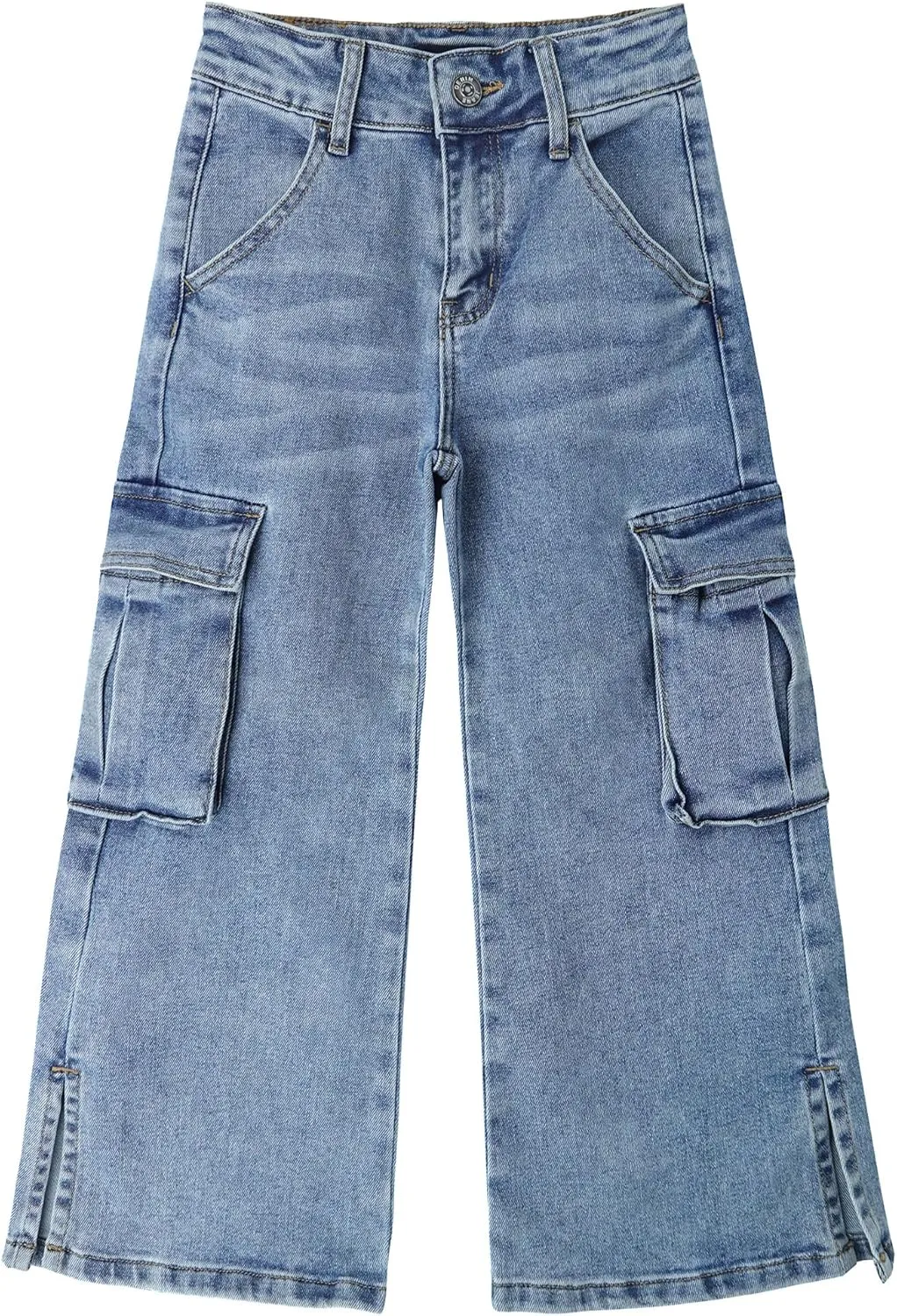 KIDSCOOL SPACE Girls' Cargo Jeans with Flap Pocket, Wide Leg and Split Hem Boyfriend Denim Pants