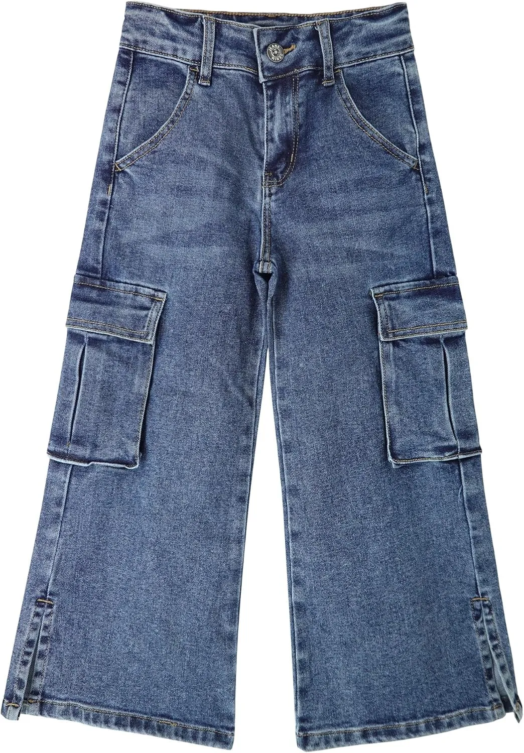 KIDSCOOL SPACE Girls' Cargo Jeans with Flap Pocket, Wide Leg and Split Hem Boyfriend Denim Pants