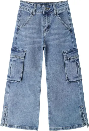 KIDSCOOL SPACE Girls' Cargo Jeans with Flap Pocket, Wide Leg and Split Hem Boyfriend Denim Pants