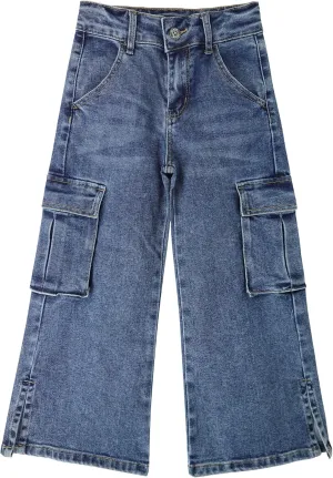 KIDSCOOL SPACE Girls' Cargo Jeans with Flap Pocket, Wide Leg and Split Hem Boyfriend Denim Pants