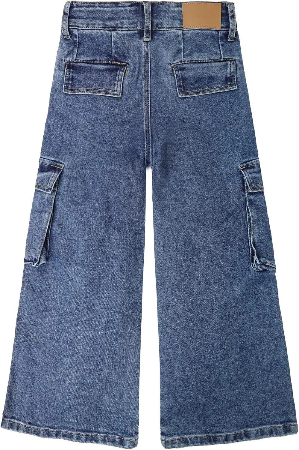 KIDSCOOL SPACE Girls' Cargo Jeans with Flap Pocket, Wide Leg and Split Hem Boyfriend Denim Pants