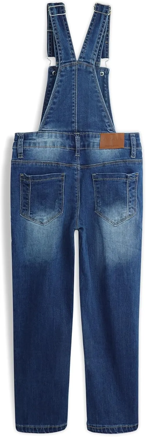 KIDSCOOL SPACE Girls Denim Overalls, Elastic Waistband Inside Washed Stretchy Jeans Jumpsuit