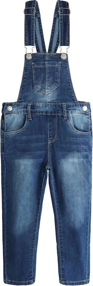 KIDSCOOL SPACE Girls Denim Overalls, Elastic Waistband Inside Washed Stretchy Jeans Jumpsuit