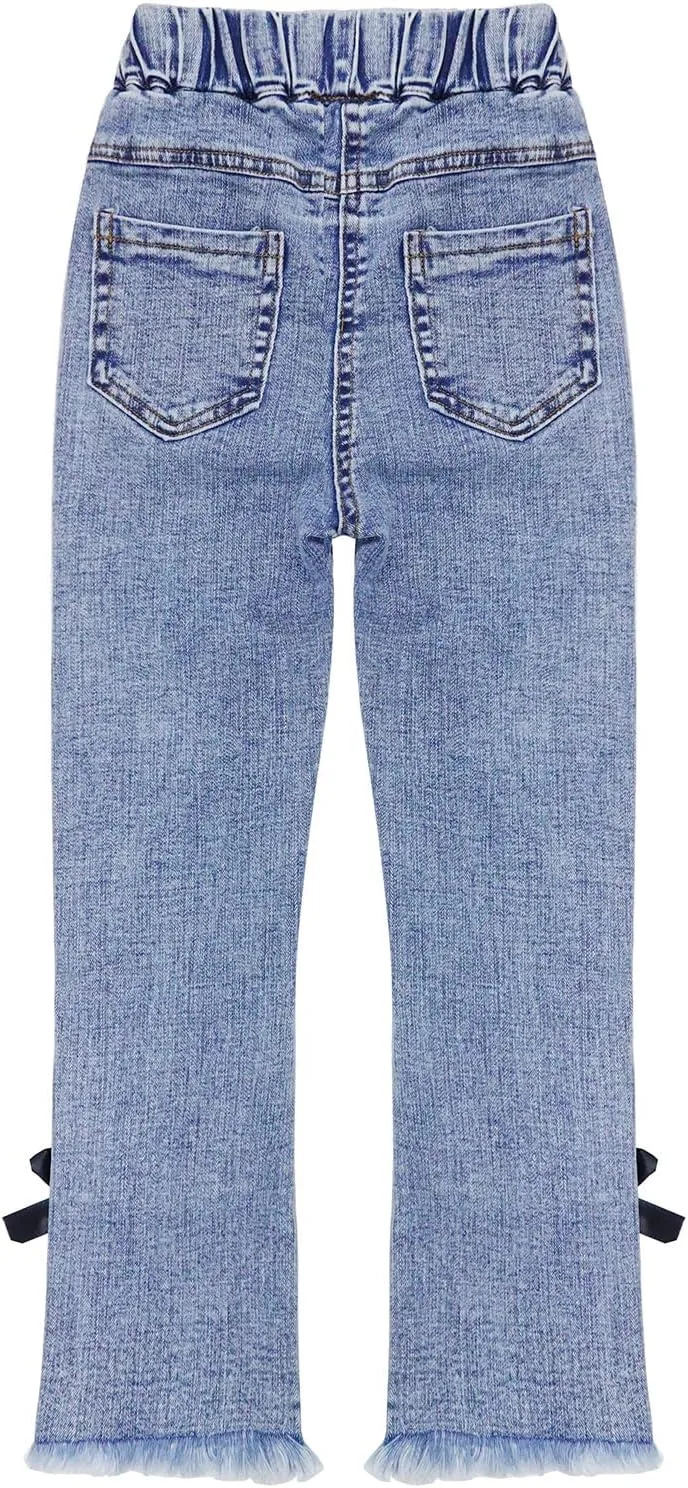 KIDSCOOL SPACE Girls Elastic Waist Slim Jeans,Ripped Fashion Simple Denim Pants