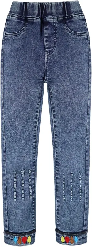 KIDSCOOL SPACE Girls Elastic Waist Slim Jeans,Ripped Fashion Simple Denim Pants