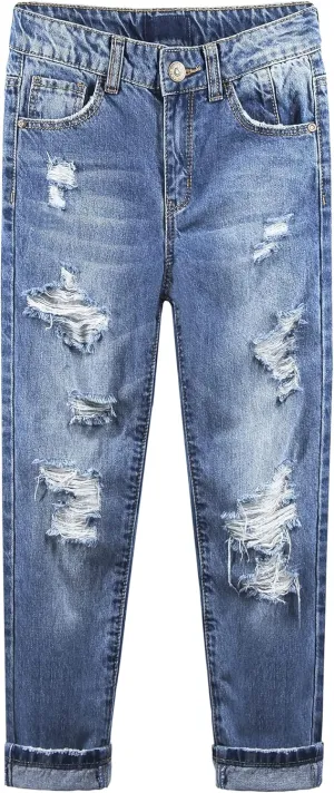 KIDSCOOL SPACE Girls Slim-fit Jeans, Ripped Holes Straight Denim Pants