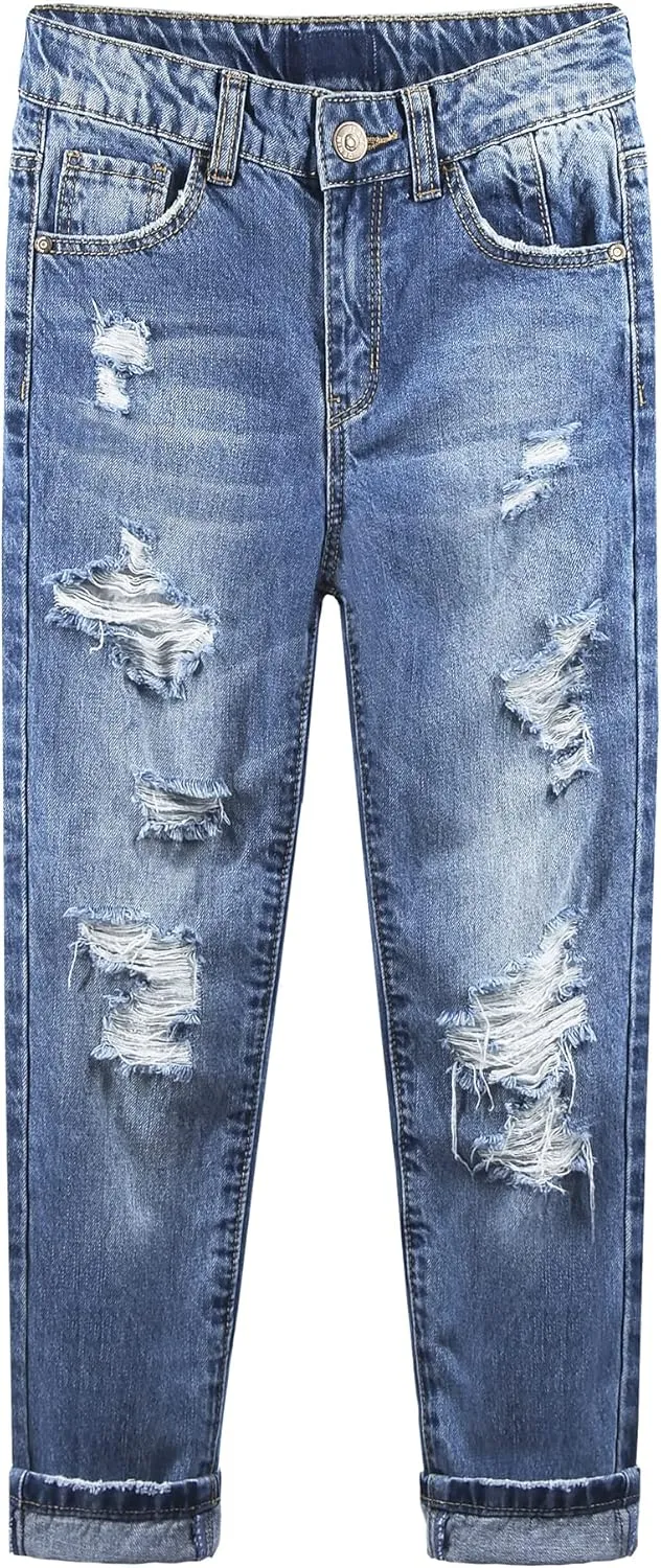 KIDSCOOL SPACE Girls Slim-fit Jeans, Ripped Holes Straight Denim Pants