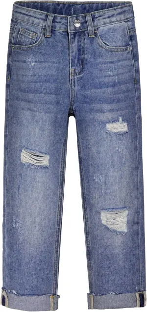 KIDSCOOL SPACE Girls Slim-fit Jeans, Ripped Holes Straight Denim Pants