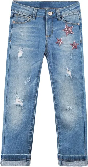 KIDSCOOL SPACE Girls Slim-fit Jeans, Ripped Holes Straight Denim Pants