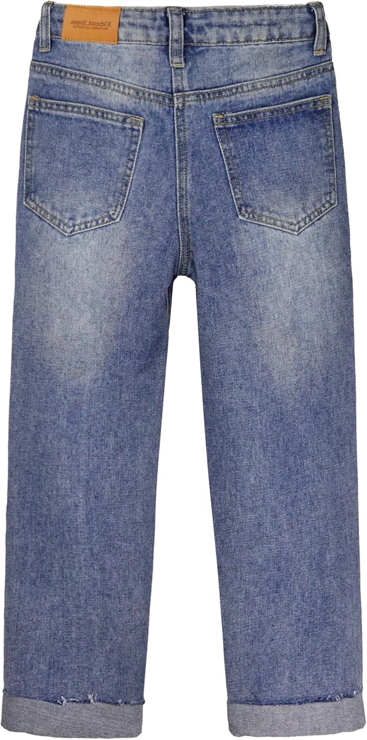 KIDSCOOL SPACE Girls Slim-fit Jeans, Ripped Holes Straight Denim Pants