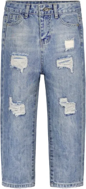 KIDSCOOL SPACE Girls Slim-fit Jeans, Ripped Holes Straight Denim Pants