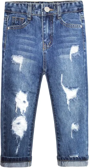 KIDSCOOL SPACE Girls Slim-fit Jeans, Ripped Holes Straight Denim Pants