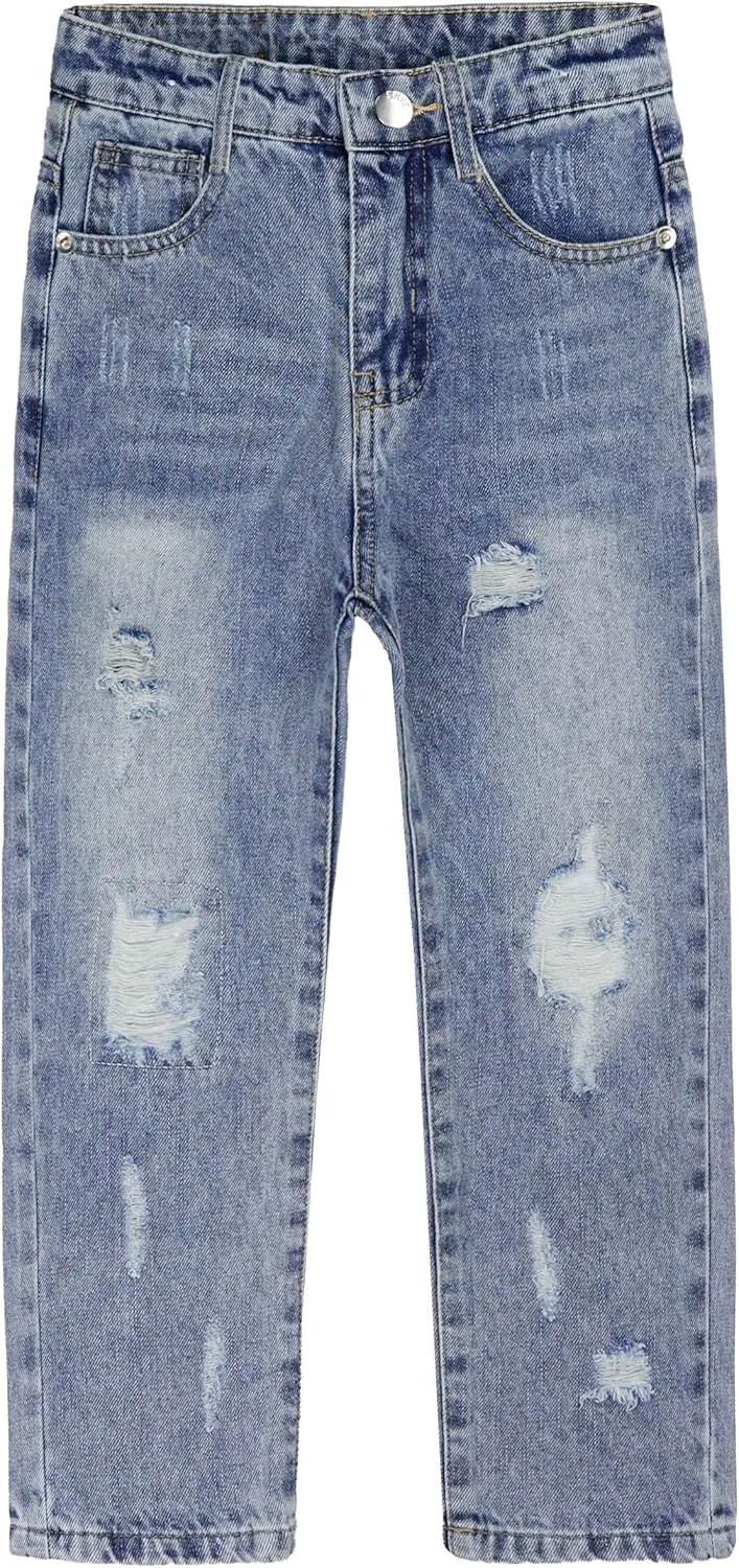 KIDSCOOL SPACE Girls Slim-fit Jeans, Ripped Holes Straight Denim Pants