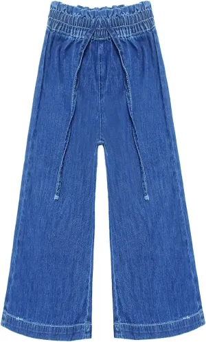 KIDSCOOL SPACE Girls Thin Denim Pants, Wide-Leg Ribbed Elastic Waistband Jeans
