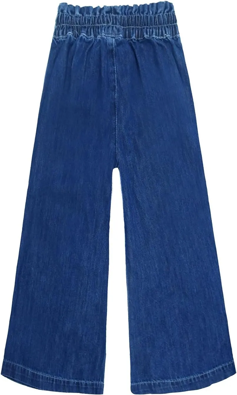 KIDSCOOL SPACE Girls Thin Denim Pants, Wide-Leg Ribbed Elastic Waistband Jeans