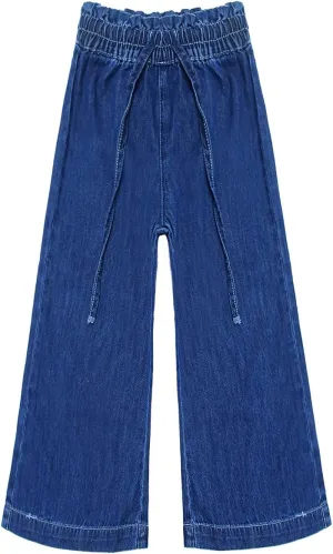 KIDSCOOL SPACE Girls Thin Denim Pants, Wide-Leg Ribbed Elastic Waistband Jeans