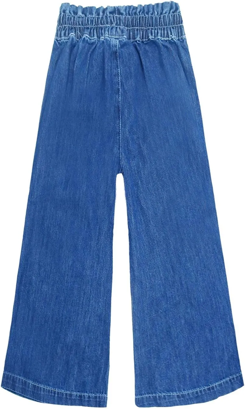 KIDSCOOL SPACE Girls Thin Denim Pants, Wide-Leg Ribbed Elastic Waistband Jeans