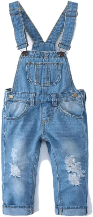 KIDSCOOL SPACE Little Girl Boy Jean Overalls,Toddler Ripped Denim Overall Pants