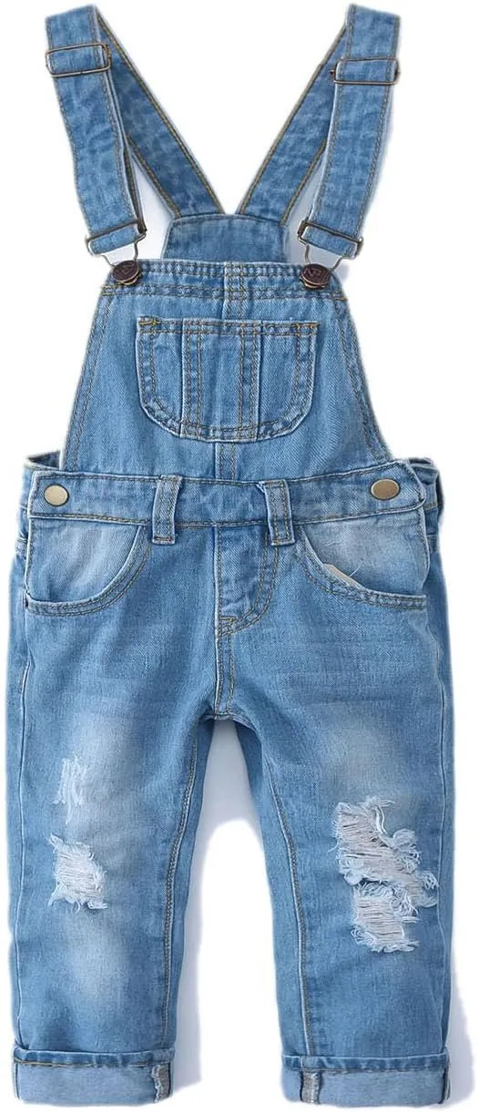 KIDSCOOL SPACE Little Girl Boy Jean Overalls,Toddler Ripped Denim Overall Pants