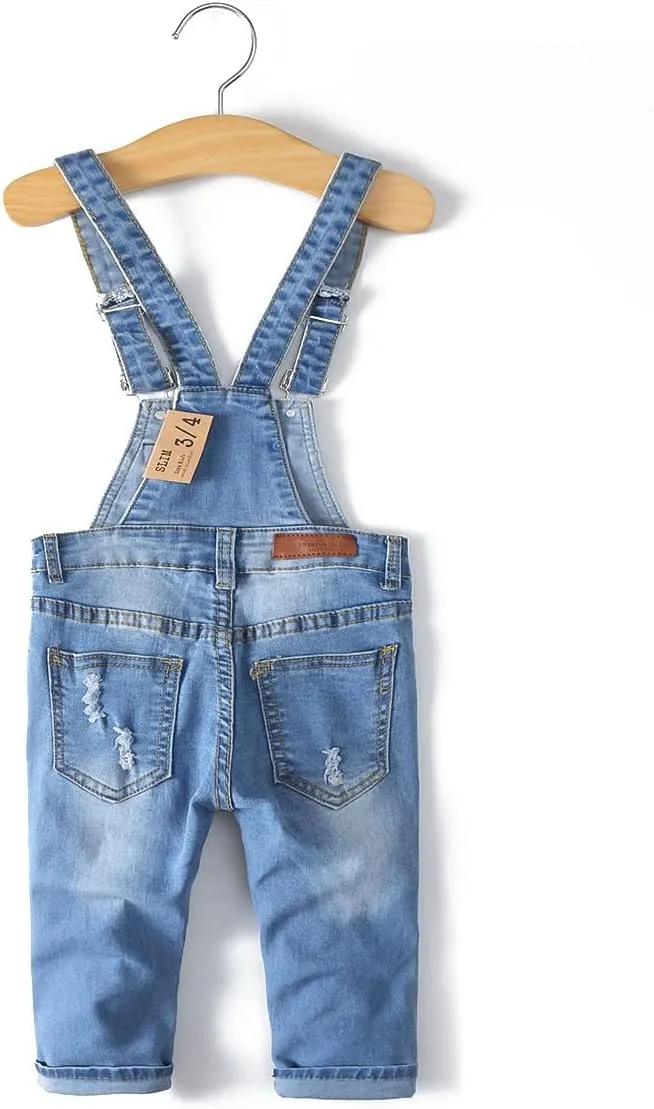 KIDSCOOL SPACE Little Girl Boy Jean Overalls,Toddler Ripped Denim Overall Pants