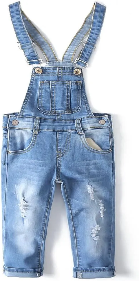 KIDSCOOL SPACE Little Girl Boy Jean Overalls,Toddler Ripped Denim Overall Pants