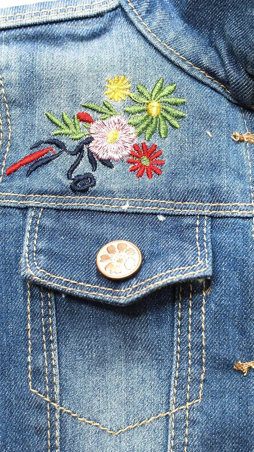 KIDSCOOL SPACE Little Girl Jean Jacket,Flower Embroidered Denim Outfits