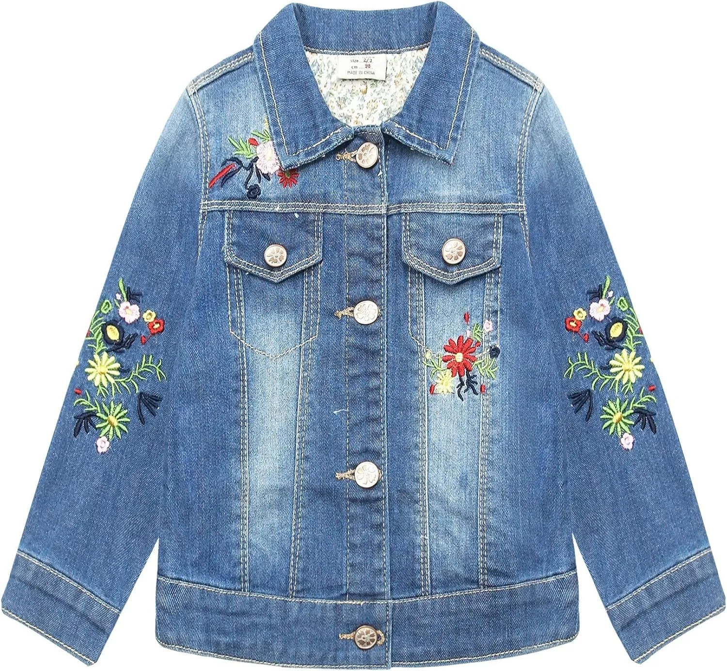 KIDSCOOL SPACE Little Girl Jean Jacket,Flower Embroidered Denim Outfits