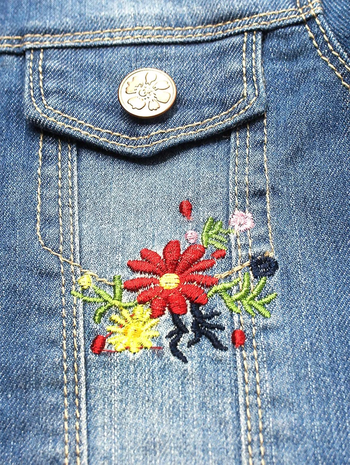 KIDSCOOL SPACE Little Girl Jean Jacket,Flower Embroidered Denim Outfits