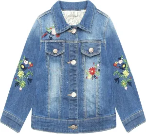KIDSCOOL SPACE Little Girl Jean Jacket,Flower Embroidered Denim Outfits