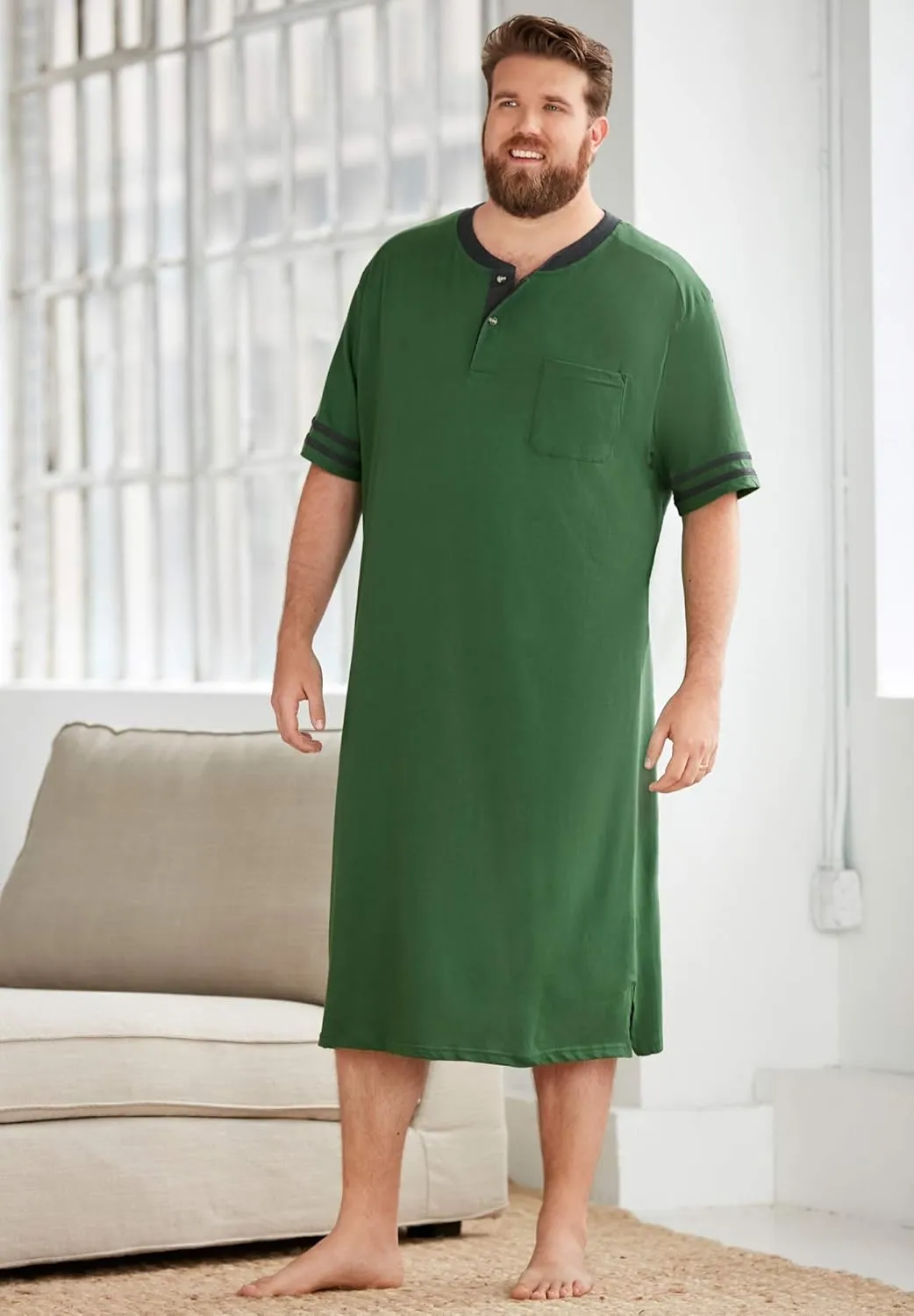 KingSize Men's Big & Tall Short-Sleeve Jersey Henley Nightshirt