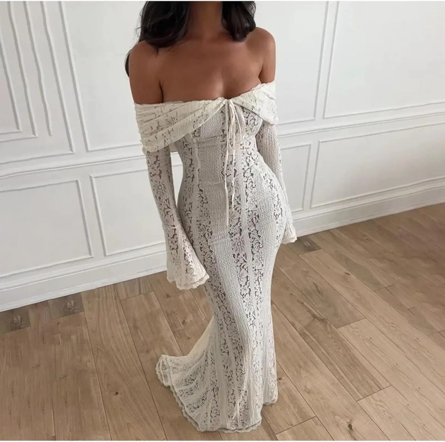 Lace Maxi Dress Off Shoulder Fishtail Dress Bell Sleeve Prom Dress Retro Cocktail Dress Semi Formal Dinner Date Dress
