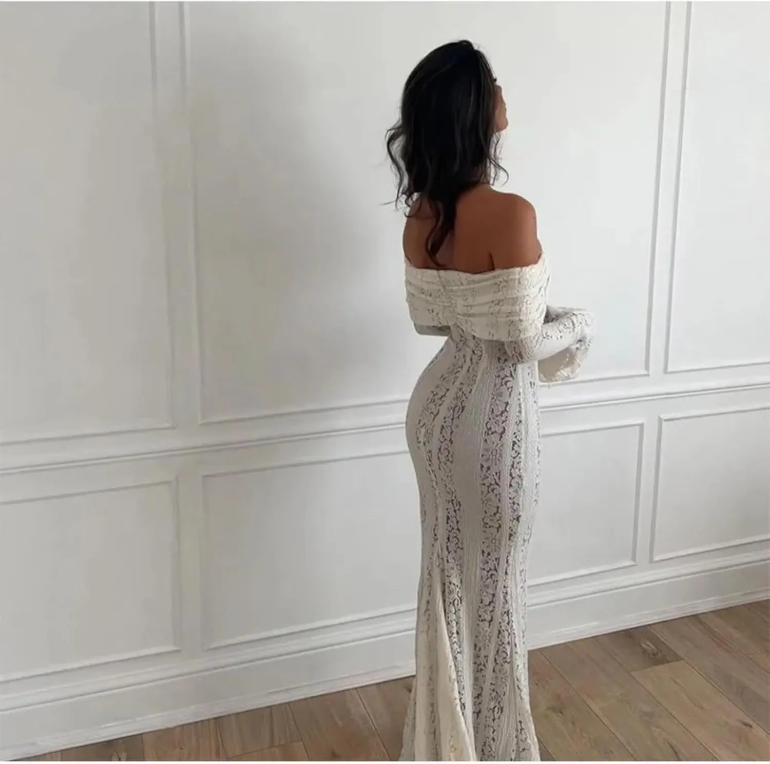 Lace Maxi Dress Off Shoulder Fishtail Dress Bell Sleeve Prom Dress Retro Cocktail Dress Semi Formal Dinner Date Dress