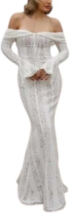Lace Maxi Dress Off Shoulder Fishtail Dress Bell Sleeve Prom Dress Retro Cocktail Dress Semi Formal Dinner Date Dress
