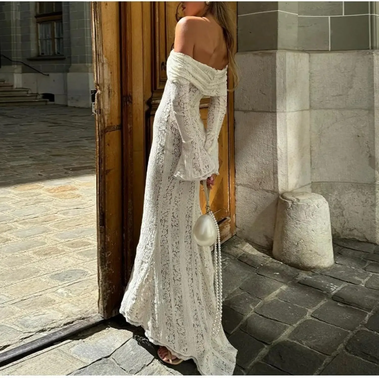 Lace Maxi Dress Off Shoulder Fishtail Dress Bell Sleeve Prom Dress Retro Cocktail Dress Semi Formal Dinner Date Dress