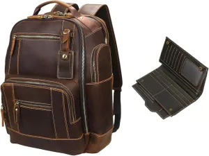 LANNSYNE Men's Vintage Full Grain Leather 15.6 Inch Laptop Backpack Camping Travel 24L Rucksack and Leather Travel Passport Wallet For Man/Women