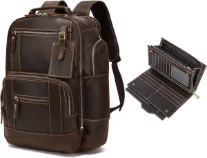 LANNSYNE Vintage Genuine Leather 15.6" Laptop Backpack Travel Camping 24L Rucksack & Grain Leather Travel Passport Long Wallet for Men/Women RFID Blocking