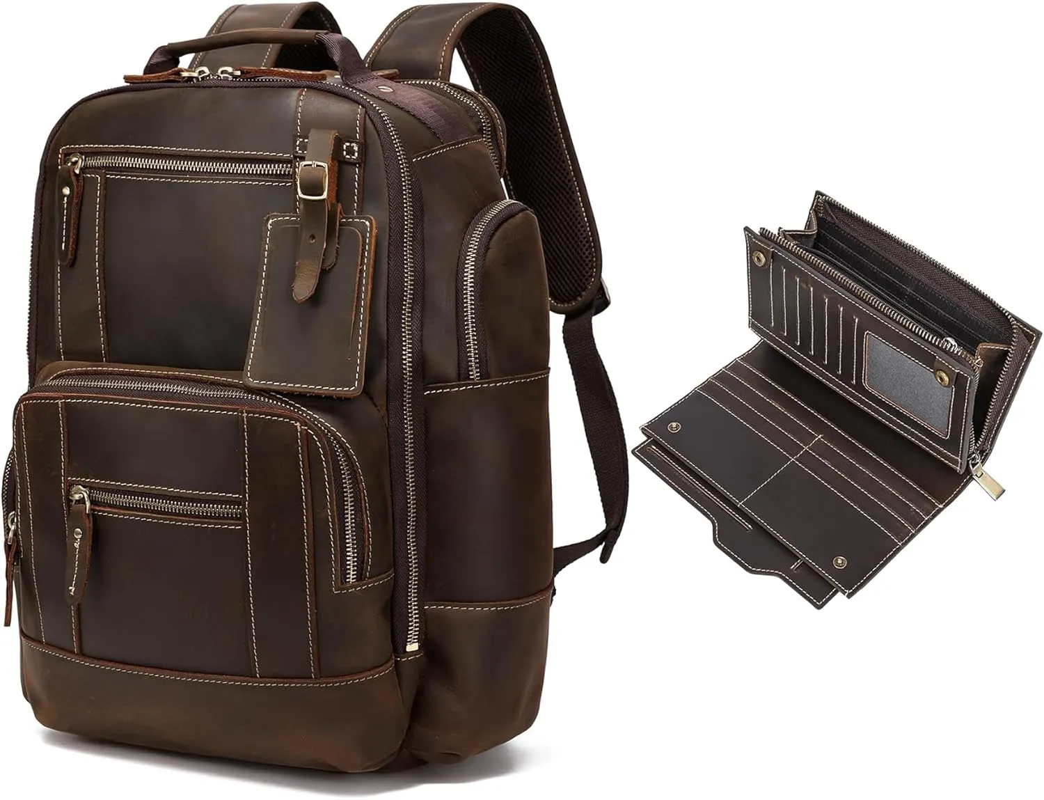 LANNSYNE Vintage Genuine Leather 15.6" Laptop Backpack Travel Camping 24L Rucksack & Grain Leather Travel Passport Long Wallet for Men/Women RFID Blocking