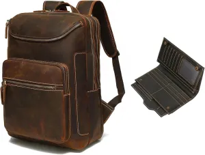 LANNSYNE Vintage Genuine Leather 16" Laptop Backpack For Men Hiking Travel Bag Camping Rucksack and Travel Passport Wallet For Man/Women