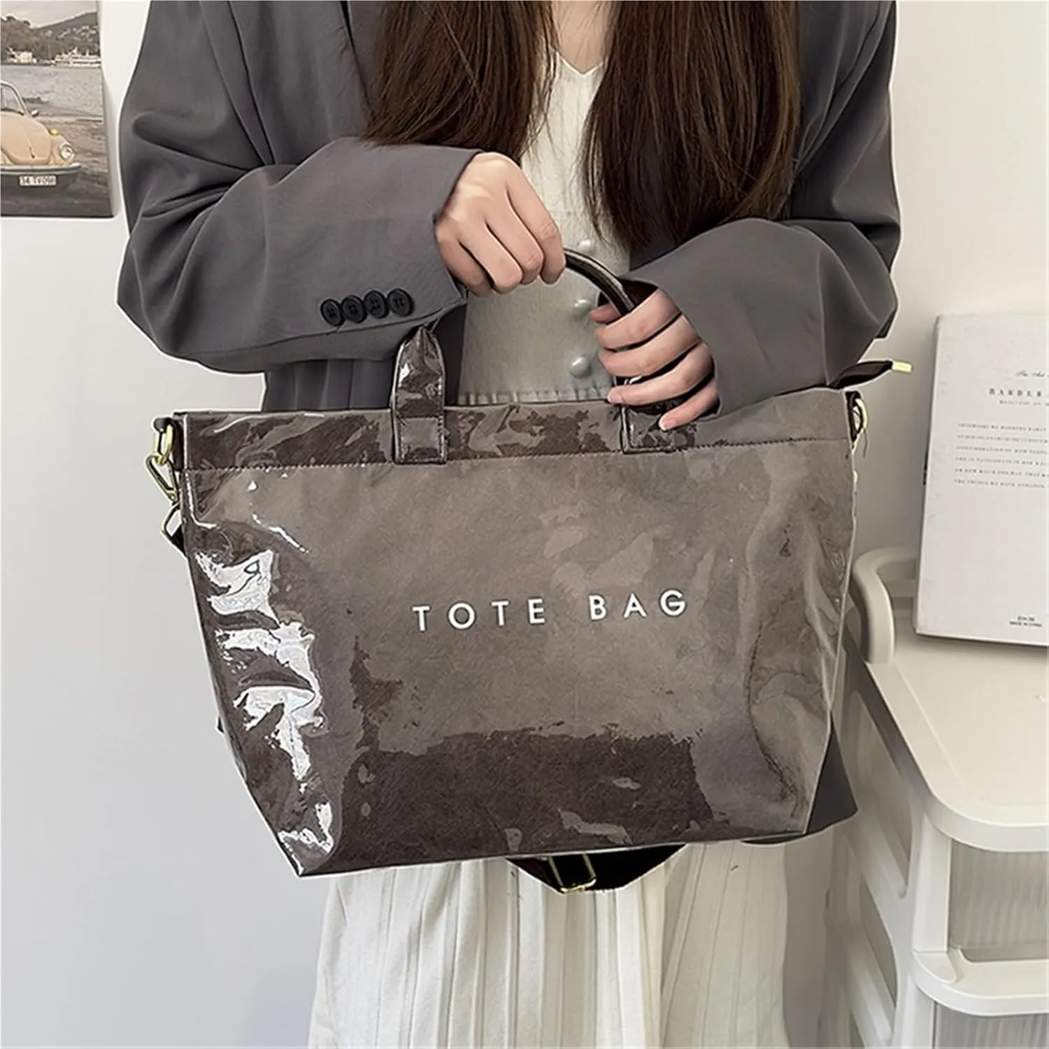 Large Letters Print Handbags Hobo Bags Shoulder Bags Clear Plastic PVC Tote Bag for Women Crossbody Bag(Brown)