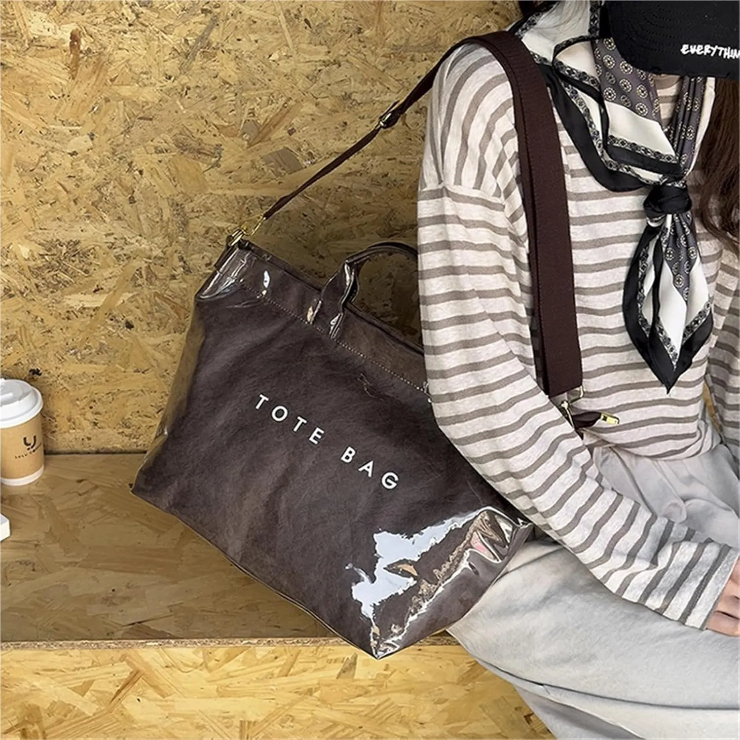 Large Letters Print Handbags Hobo Bags Shoulder Bags Clear Plastic PVC Tote Bag for Women Crossbody Bag(Brown)