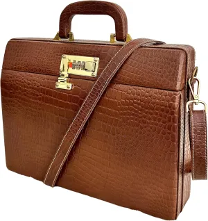 Leather Briefcase for Men & Women with Combination Lock, Crocodile Pattern, Brown Genuine Leather Business Bag, Laptop Case with Shoulder Strap, Professional Work Office Bag