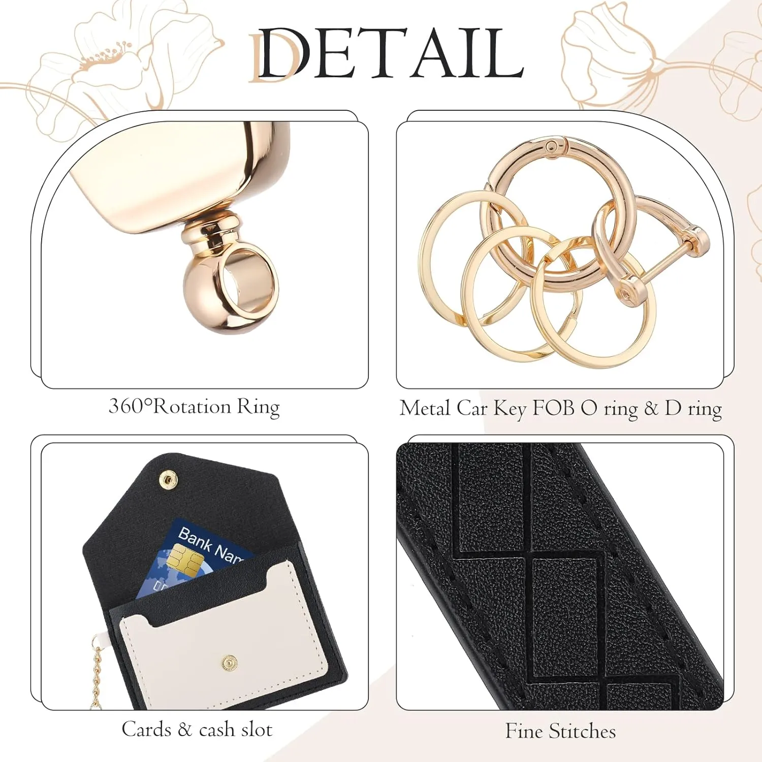 Leather Wristlet Keychain,Cute Wallet Keychain Car Key Chain Holder with 2 Key Ring Key Fob Wristband for Women