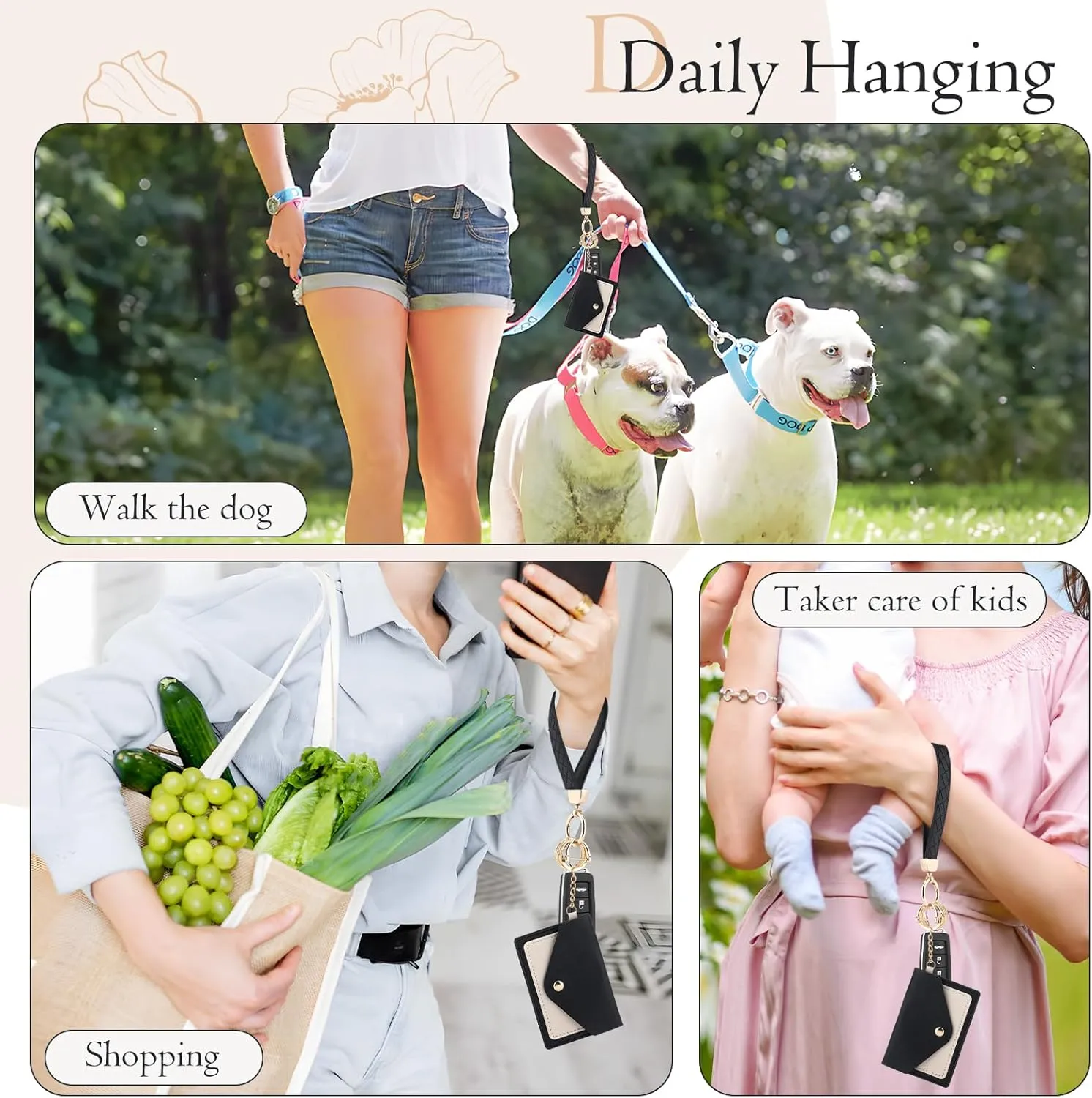 Leather Wristlet Keychain,Cute Wallet Keychain Car Key Chain Holder with 2 Key Ring Key Fob Wristband for Women