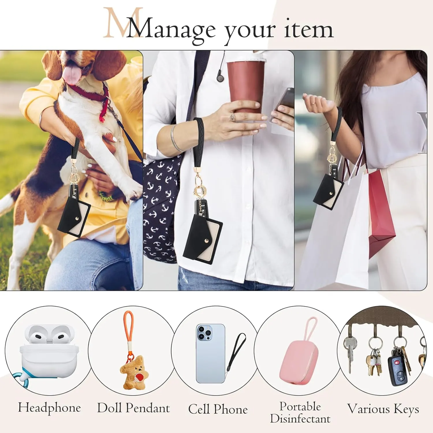 Leather Wristlet Keychain,Cute Wallet Keychain Car Key Chain Holder with 2 Key Ring Key Fob Wristband for Women