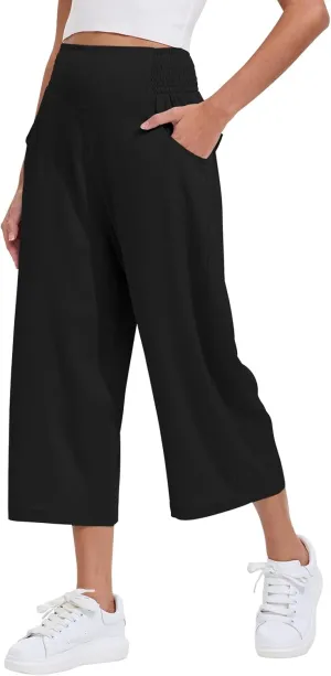 Les umes Womens High Waist Stretch Wide Leg Cropped Trousers Elastic Waist Casual Loose Pants