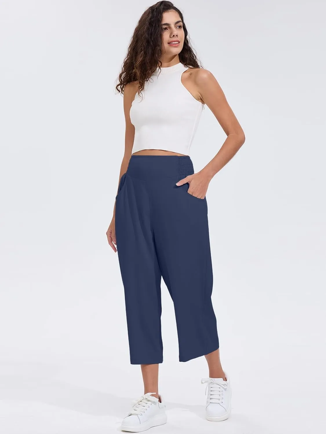 Les umes Womens High Waist Stretch Wide Leg Cropped Trousers Elastic Waist Casual Loose Pants